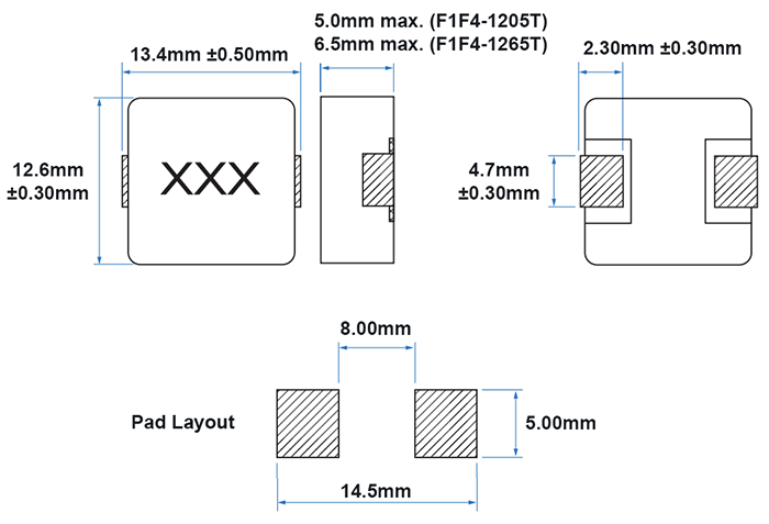 Mechanical Drawing - Signal Transformer / Bel F1F4 High-Power Shielded Inductors